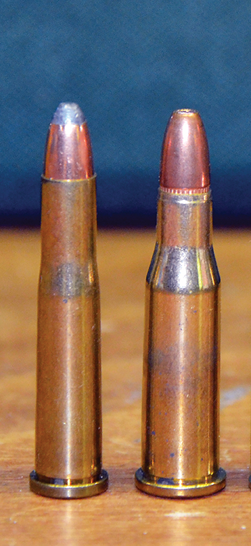 With the 22 Hornet (left) and the 218 Bee (right) loaded to the same chamber pressure and fired in barrels of the same length, the Bee will be a bit faster because its slightly greater capacity allows loading a bit more powder.